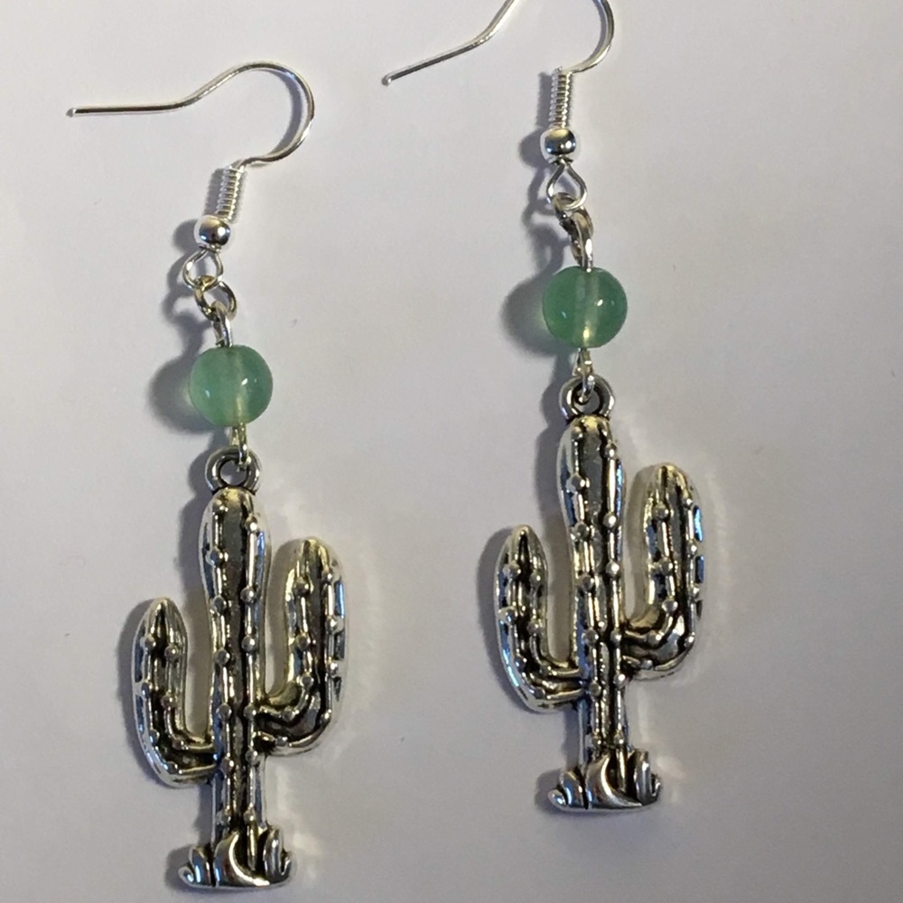 Green Aventurine Silver Cactus Earrings - Picture 2 of 8